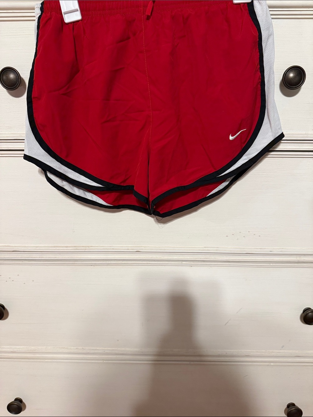 Nike Red Women's Running Shorts with White Side Panels and Black Trim